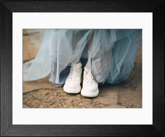Framed Print : white sneakers and blue ball gown Framed Print : white sneakers and blue ball gown