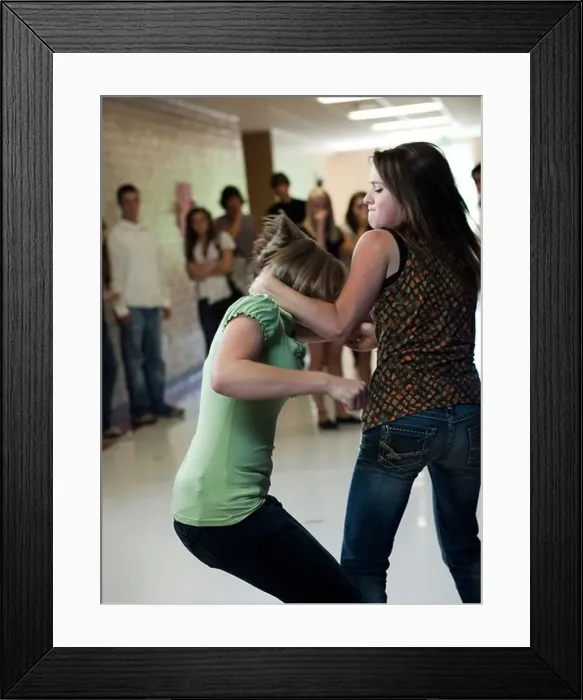 Framed Print : USA, Utah, Spanish Fork, Two girls (14-17) fighting in school corridor