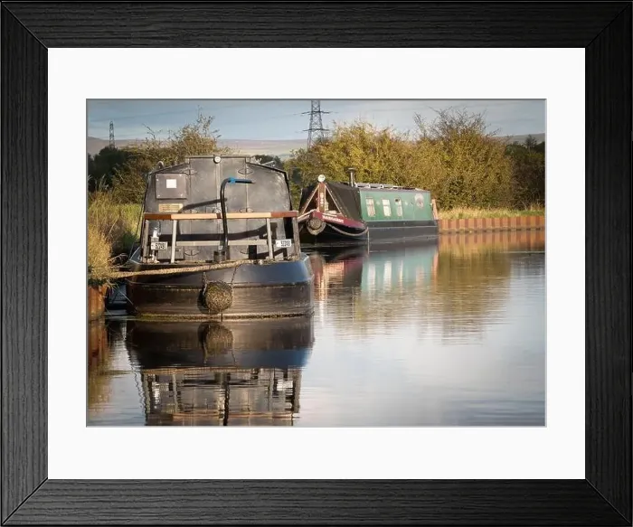 Framed Print : 2 narrow boats moored on the Leeds Liverpool canal in Altham, Accrington, Lancashire. England Framed Print : 2 narrow boats moored on the Leeds Liverpool canal in Altham, Accrington, Lancashire. England