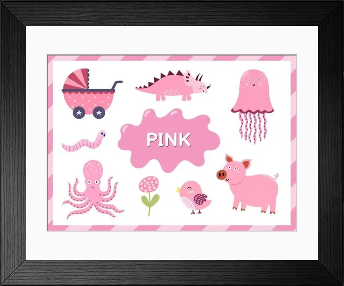 Framed Print : Pink. Educational worksheet for kids. Learning the color pink set Framed Print : Pink. Educational worksheet for kids. Learning the color pink set
