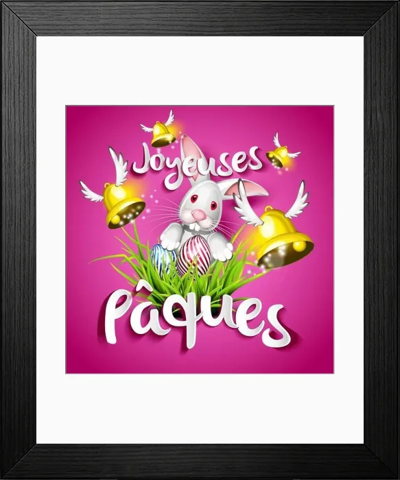 Framed Print : Joyeuses Pâques, oeufs, cloches et lapin sur fond rose Framed Print : Joyeuses Pâques, oeufs, cloches et lapin sur fond rose