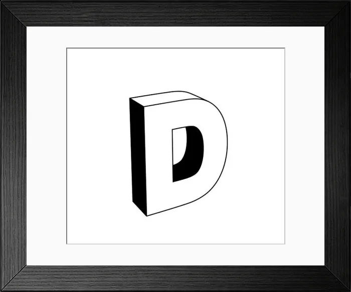 Framed Print : letter d, 3d black and white illustration isolated on white background. perspective view