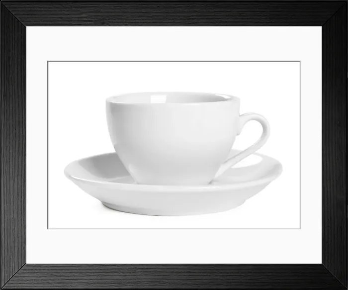 Framed Print : Small white coffee cup with plate isolated on white background Framed Print : Small white coffee cup with plate isolated on white background