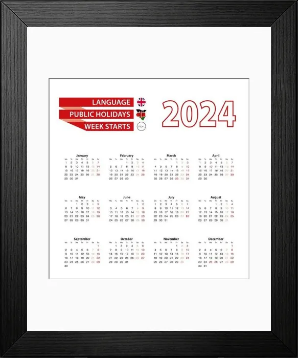 Framed Print : Calendar 2024 in English language with public holidays the country of Kenya in year 2024 Framed Print : Calendar 2024 in English language with public holidays the country of Kenya in year 2024