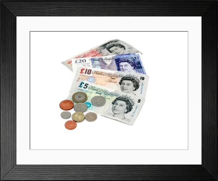 Framed Print : Sterling Banknotes And Coins £5 Framed Print : Sterling Banknotes And Coins £5