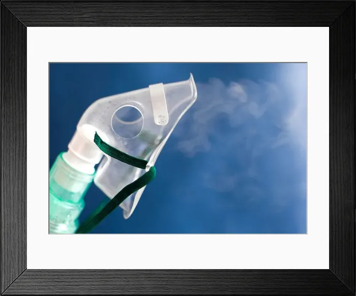 Framed Print : Oxygen inhalation mask for breathing medical treatment Framed Print : Oxygen inhalation mask for breathing medical treatment
