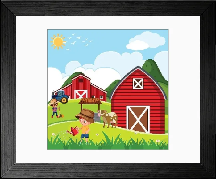 Framed Print : Farm scene with kids working on the farm illustration Framed Print : Farm scene with kids working on the farm illustration