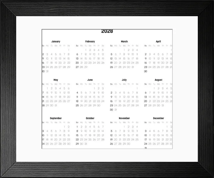 Framed Print : Monthly calendar of year 2028. Week starts on Sunday Framed Print : Monthly calendar of year 2028. Week starts on Sunday