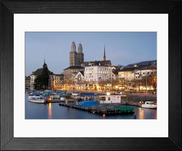 Framed Print : Dusk view of Grossmünster church and part of the Limmat River and old town of Zürich Switzerland Framed Print : Dusk view of Grossmünster church and part of the Limmat River and old town of Zürich Switzerland