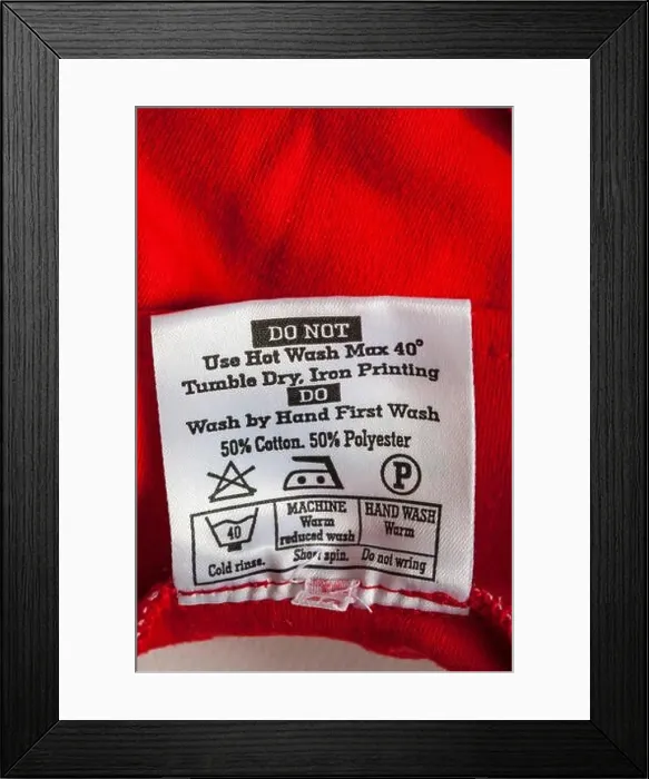 Framed Print : label in clothing - do not use hot wash max 40 tumble dry iron printing do wash by hand first wash 50% cotton 50% Framed Print : label in clothing - do not use hot wash max 40 tumble dry iron printing do wash by hand first wash 50% cotton 50%
