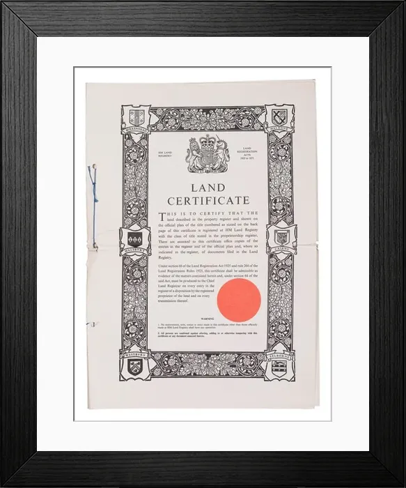 Framed Print : UK Land Registry Land Certificate property document