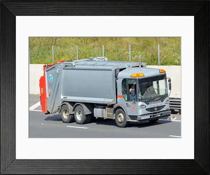 Framed Print : Driver in clean unmarked grey Dennis hgv bin lorry truck for collection of household & business waste rubbish garbage Framed Print : Driver in clean unmarked grey Dennis hgv bin lorry truck for collection of household & business waste rubbish garbage