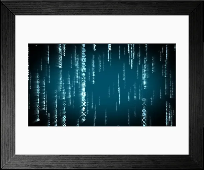 Framed Print : Digital blue crypto coins falling in Matrix style. Blockchain concept Framed Print : Digital blue crypto coins falling in Matrix style. Blockchain concept