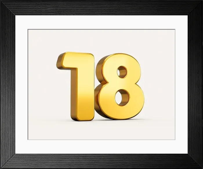 Framed Print : 3d illustration of golden number 18 or eighteen isolated on beige background with shadow Framed Print : 3d illustration of golden number 18 or eighteen isolated on beige background with shadow
