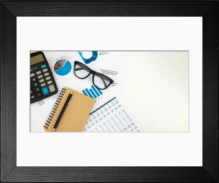 Framed Print : Business accounter working with documents and calculator on white office desk, top view Framed Print : Business accounter working with documents and calculator on white office desk, top view