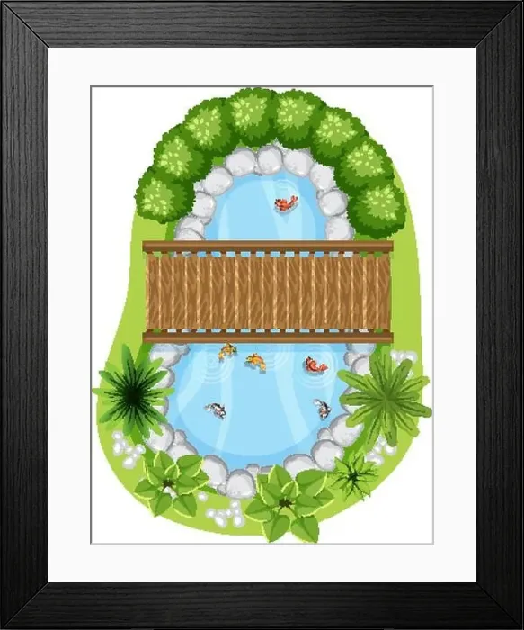 Framed Print : Aerial view with wooden bridge on nature pond illustration Framed Print : Aerial view with wooden bridge on nature pond illustration