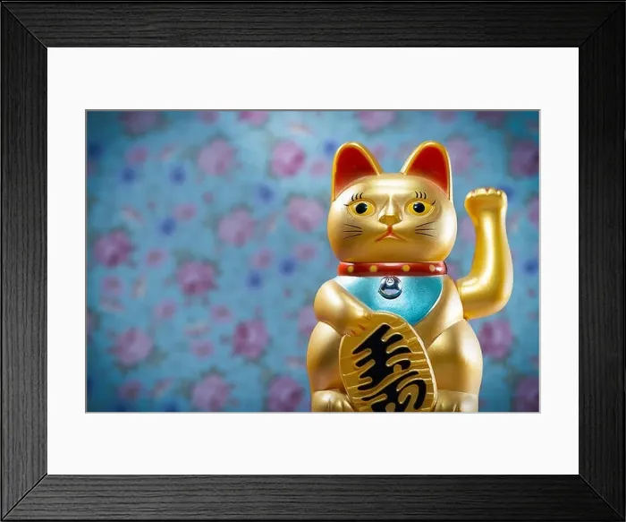 Framed Print : Maneki neko, Goldon lucky cat with colored background, post card. Japan, china, asia, Cat brings good luck and wealth Framed Print : Maneki neko, Goldon lucky cat with colored background, post card. Japan, china, asia, Cat brings good luck and wealth