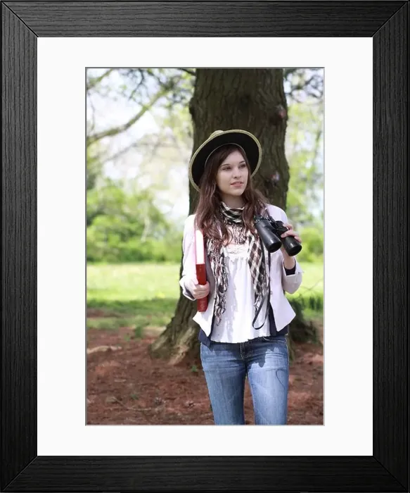 Framed Print : beautiful young lady in the country looking at and studying birds and wild life Framed Print : beautiful young lady in the country looking at and studying birds and wild life