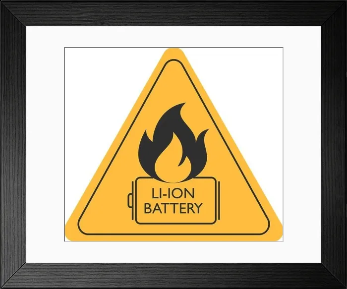 Framed Print : Lithium Ion battery caution sign. Flat style. Isolated Framed Print : Lithium Ion battery caution sign. Flat style. Isolated