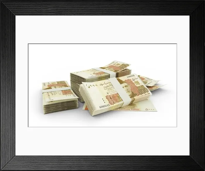 Framed Print : 3d rendering of Stack of 5000 Pakistani rupee notes. bundles of Pakistani currency notes isolated on white background Framed Print : 3d rendering of Stack of 5000 Pakistani rupee notes. bundles of Pakistani currency notes isolated on white background
