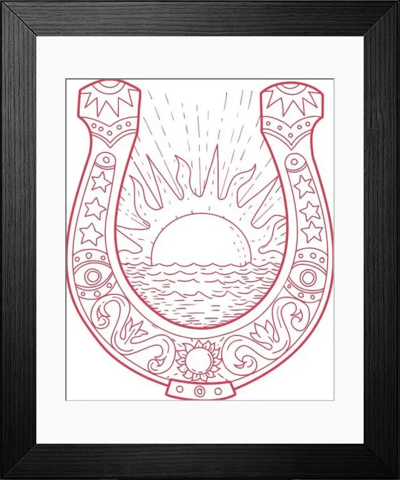 Framed Print : Drawing sketch style illustration of a Good Luck Horseshoe framing a rising Sun Framed Print : Drawing sketch style illustration of a Good Luck Horseshoe framing a rising Sun