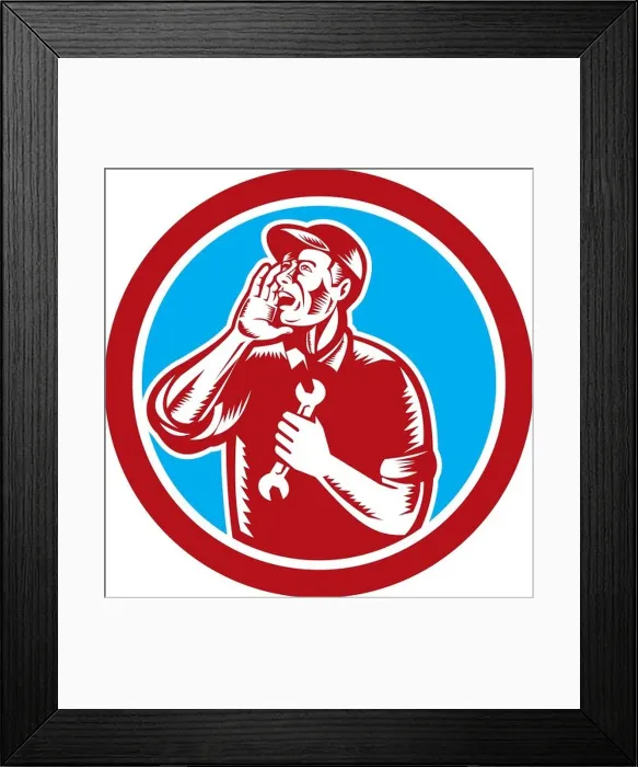 Framed Print : Illustration of a mechanic calling out holding hand spanner wrench tool set inside circle on isolated background done Framed Print : Illustration of a mechanic calling out holding hand spanner wrench tool set inside circle on isolated background done