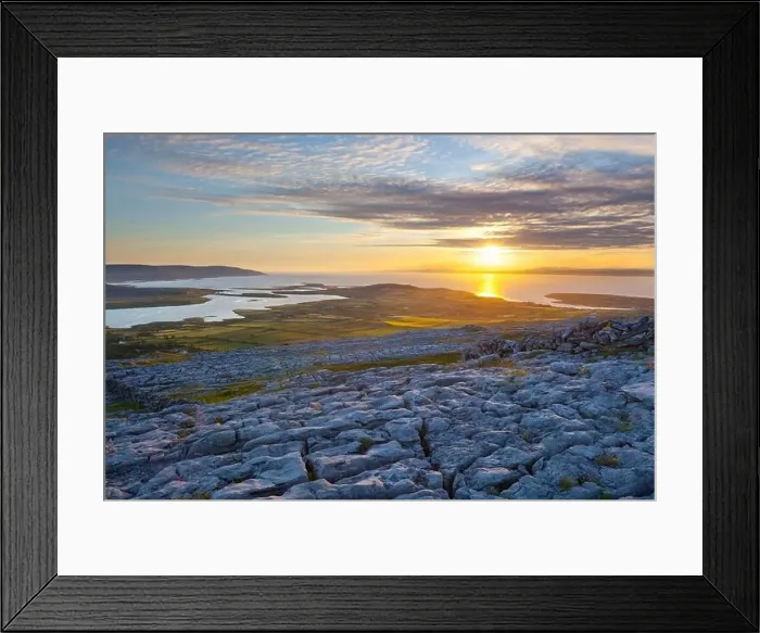 Framed Print : Sunset over typical Burren landscape of fissured limestone pavement overlooking Galway Bay near Ballyvaughan Framed Print : Sunset over typical Burren landscape of fissured limestone pavement overlooking Galway Bay near Ballyvaughan