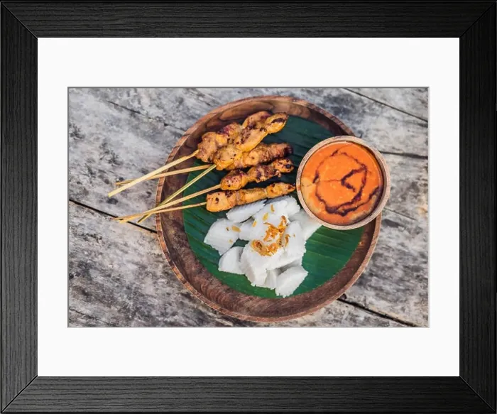 Framed Print : Indonesian chicken satay or Sate Ayam served with lontong, soy sauce and peanut sauce. lifestyle food Framed Print : Indonesian chicken satay or Sate Ayam served with lontong, soy sauce and peanut sauce. lifestyle food