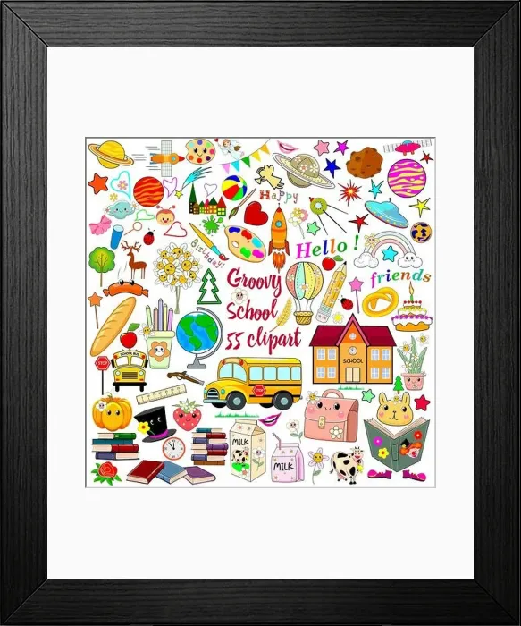 Framed Print : Set of school supplies drawings on white background. Back to school, school doodles Framed Print : Set of school supplies drawings on white background. Back to school, school doodles