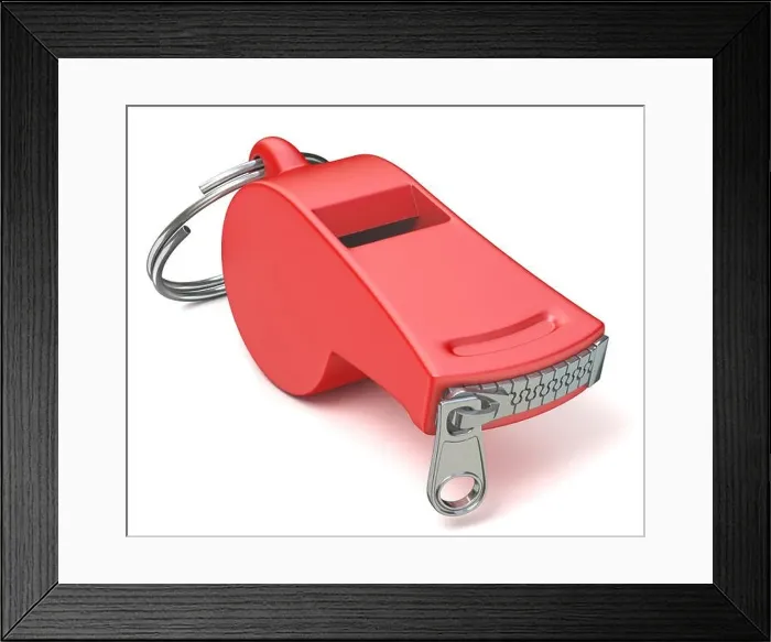 Framed Print : Red whistle with a closed zipper. 3D render illustration isolated on white background Framed Print : Red whistle with a closed zipper. 3D render illustration isolated on white background