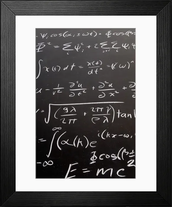 Framed Print : Complicated math wave equation formula ending with E=MC2 with chalk on a blackboard Framed Print : Complicated math wave equation formula ending with E=MC2 with chalk on a blackboard
