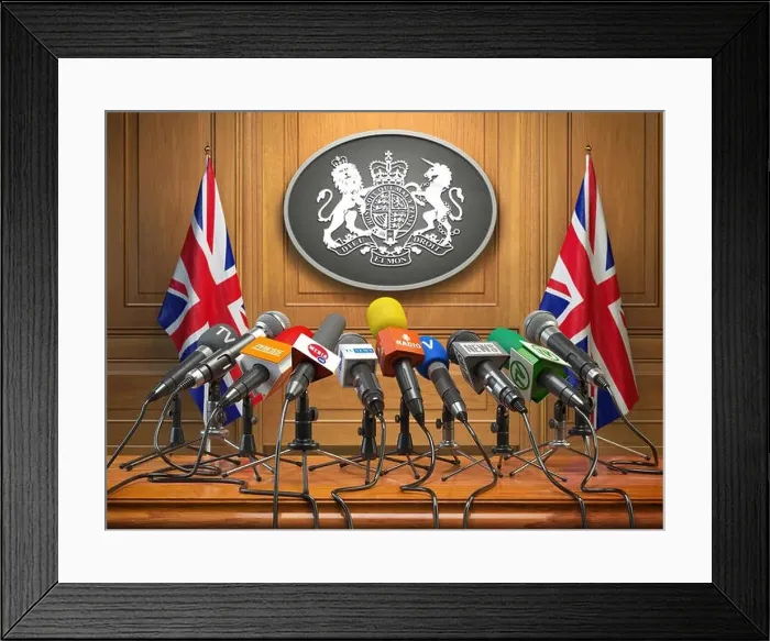 Framed Print : Briefing or press conference of prime minister or queen of UK Great Britain Framed Print : Briefing or press conference of prime minister or queen of UK Great Britain