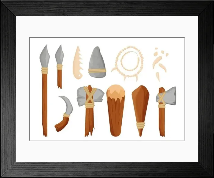 Framed Print : Set of stone age tools, weapon detailed in cartoon style Framed Print : Set of stone age tools, weapon detailed in cartoon style