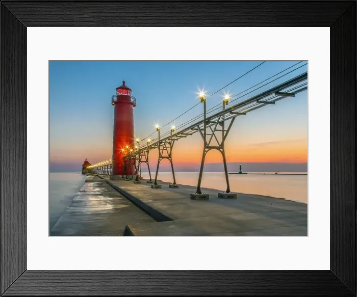 Framed Print : Grand Haven South Pier Lighthouse at sunset, with views of the Grand River and Lake Michigan; Grand Haven, Michigan Framed Print : Grand Haven South Pier Lighthouse at sunset, with views of the Grand River and Lake Michigan; Grand Haven, Michigan