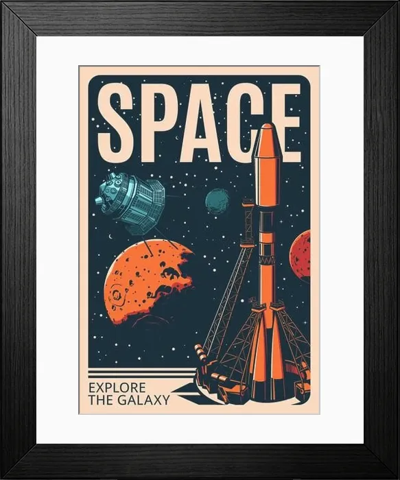Framed Print : Spaceship at the launch pad. Retro poster with vector rocket carrier Framed Print : Spaceship at the launch pad. Retro poster with vector rocket carrier