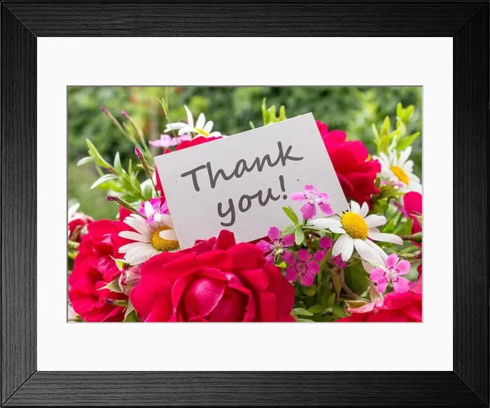 Framed Print : summer flowers and card with english text: thank you Framed Print : summer flowers and card with english text: thank you