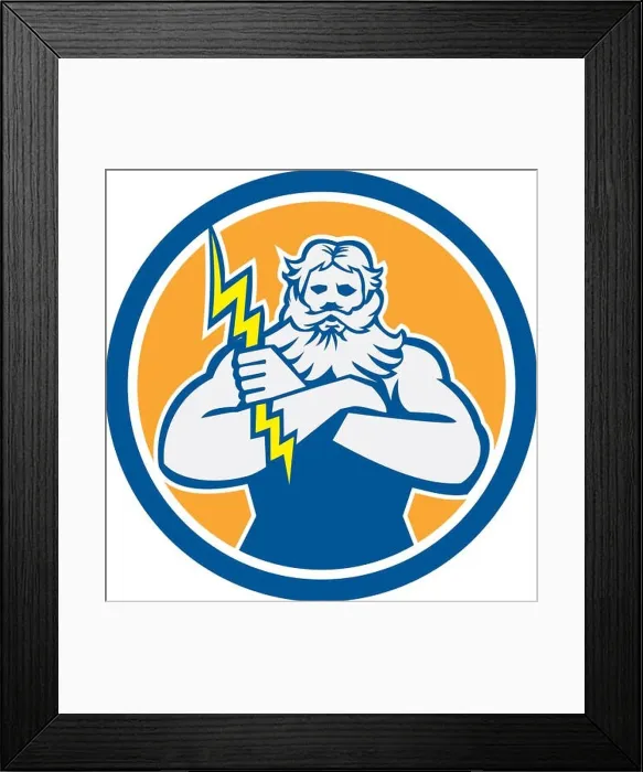 Framed Print : Illustration of Zeus Greek arms cross holding thunderbolt set inside circle on isolated background done in retro style Framed Print : Illustration of Zeus Greek arms cross holding thunderbolt set inside circle on isolated background done in retro style