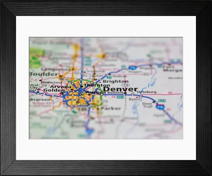 Framed Print : Denver Colorado USA and surrounding areas Shown on a road map or Geography map Framed Print : Denver Colorado USA and surrounding areas Shown on a road map or Geography map