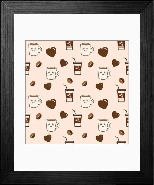 Framed Print : Vector seamless pattern of coffee cups and mugs with coffee beans and little hearts on a creme background Framed Print : Vector seamless pattern of coffee cups and mugs with coffee beans and little hearts on a creme background