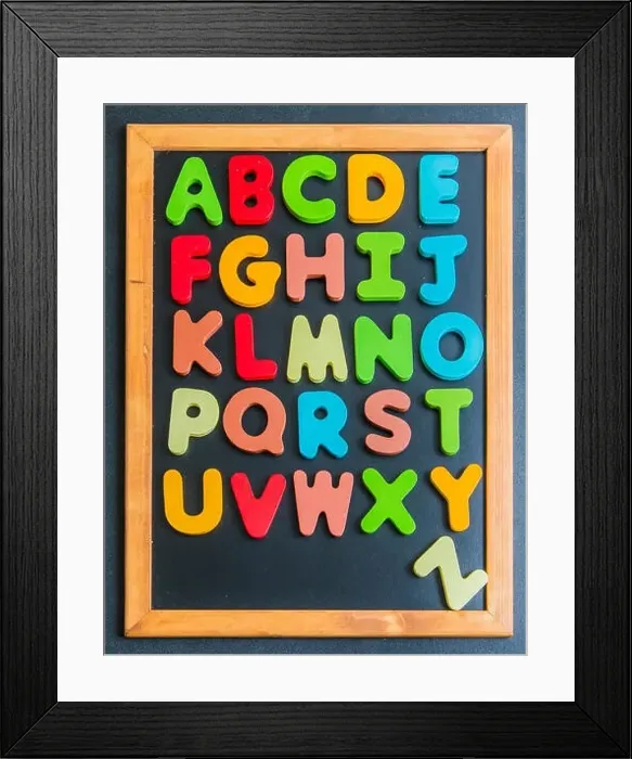 Framed Print : A to Z alphabet colorful wooden word on black board Framed Print : A to Z alphabet colorful wooden word on black board