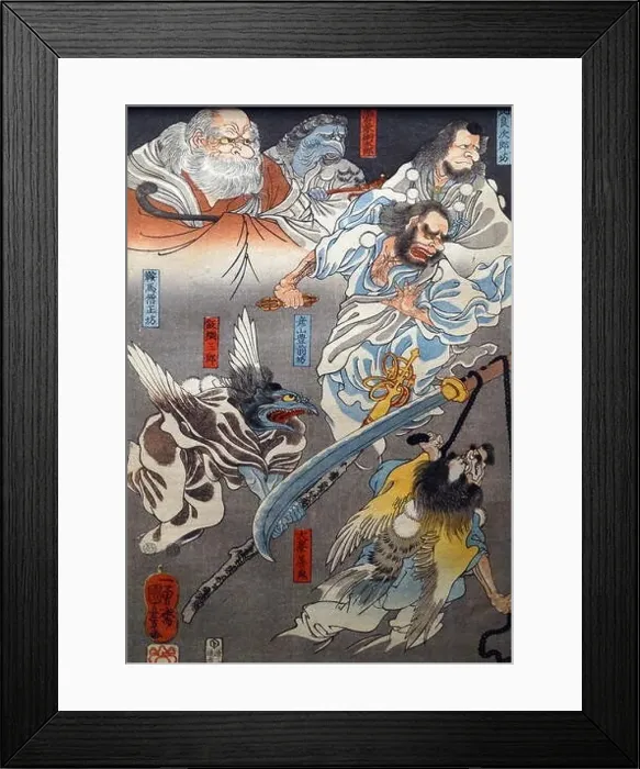 Framed Print : Colour woodblock triptych titled The Eight Great Tengu subduing Benkei by Utagawa Kuniyoshi (1797-1861) Framed Print : Colour woodblock triptych titled The Eight Great Tengu subduing Benkei by Utagawa Kuniyoshi (1797-1861)