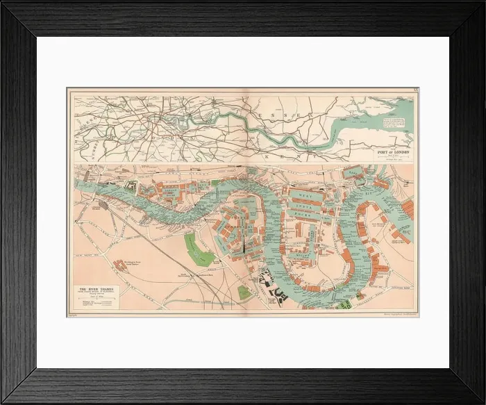 Framed Print : THE PORT OF LONDON showing wharves & docks. Thames. Vintage map. BACON, 1927 Framed Print : THE PORT OF LONDON showing wharves & docks. Thames. Vintage map. BACON, 1927