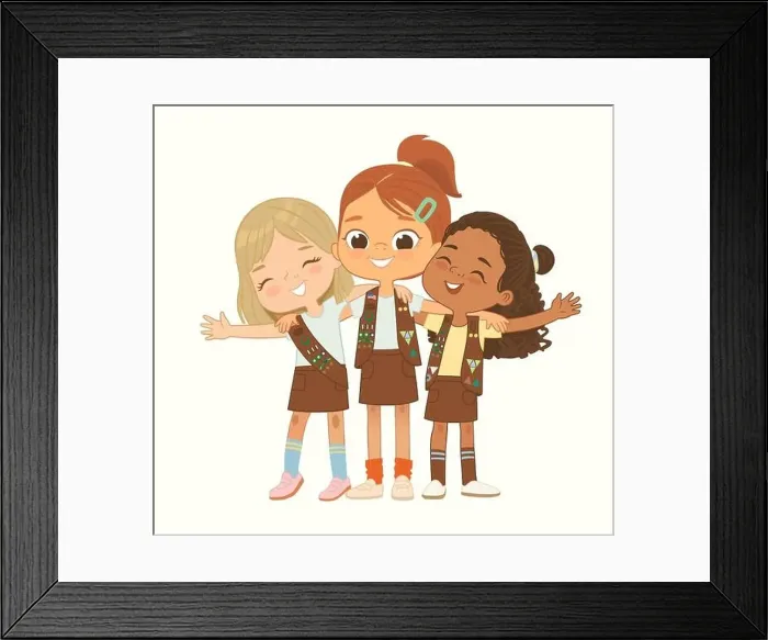 Framed Print : Happy multi ethnic multi aged Brownies girls scout hug Framed Print : Happy multi ethnic multi aged Brownies girls scout hug