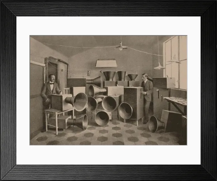Framed Print : Intonarumori. Luigi Russolo and Ugo Piatti in the Studio in Milan Framed Print : Intonarumori. Luigi Russolo and Ugo Piatti in the Studio in Milan