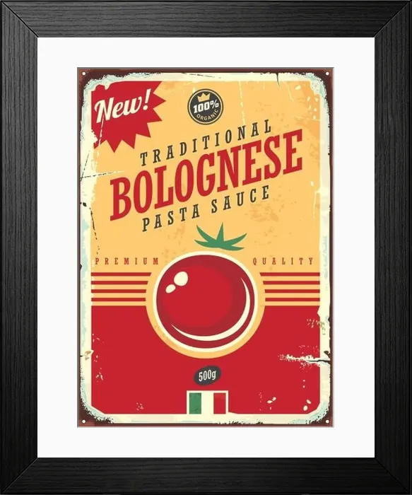 Framed Print : Grocery advertisement for bolognese tomato sauce. Vintage food sign. Vector image Framed Print : Grocery advertisement for bolognese tomato sauce. Vintage food sign. Vector image