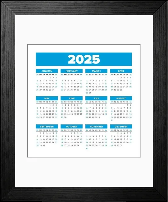 Framed Print : Simple Vector Calendar 2025. Weeks start on Sunday Framed Print : Simple Vector Calendar 2025. Weeks start on Sunday