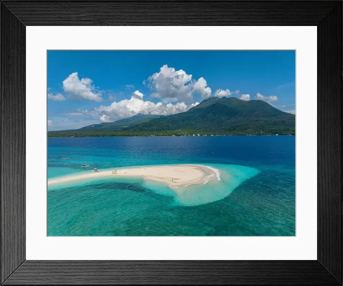 Framed Print : Drone view of white sandpit and boats in Camiguin Island. Clear water and waves. Philippines Framed Print : Drone view of white sandpit and boats in Camiguin Island. Clear water and waves. Philippines