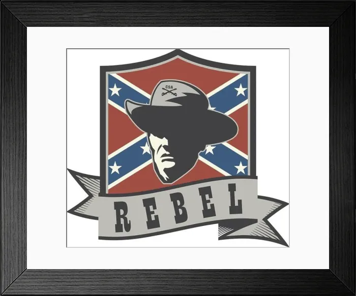 Framed Print : Emblem with rebel confederate officer, battle flag and ribbon Framed Print : Emblem with rebel confederate officer, battle flag and ribbon