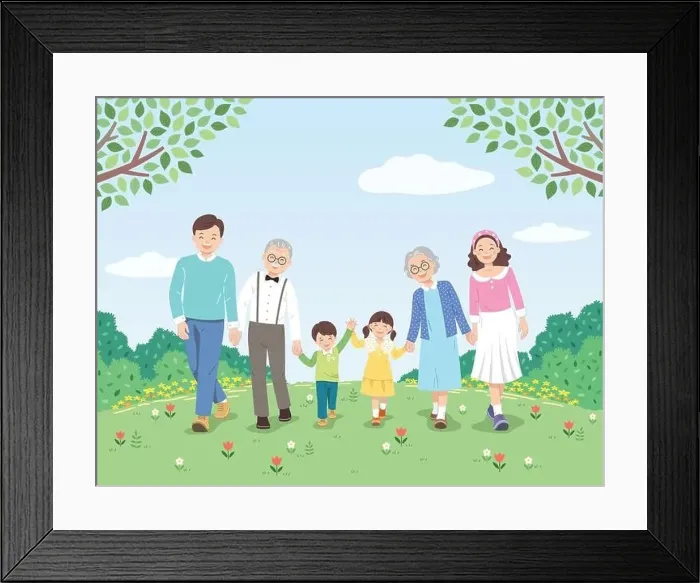 Framed Print : Happy family and nature background. Father, mother, grandfather, grandmother and children walk hand in hand together Framed Print : Happy family and nature background. Father, mother, grandfather, grandmother and children walk hand in hand together