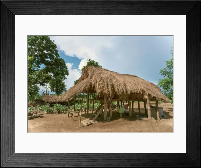 Framed Print : Thatched hut on stilts typical of the Mising (aka Mishing) tribe on a sunny day near Bhalukpong, Assam, In Framed Print : Thatched hut on stilts typical of the Mising (aka Mishing) tribe on a sunny day near Bhalukpong, Assam, In